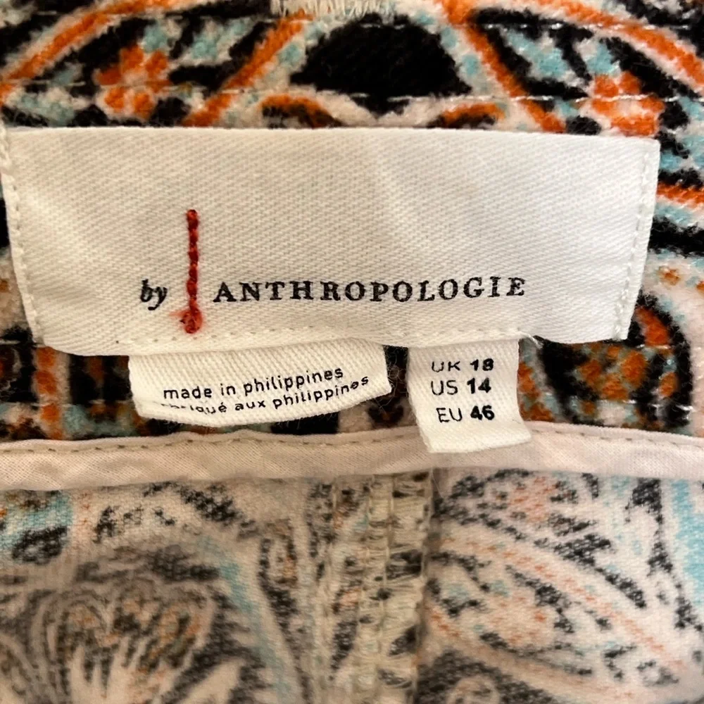 Anthropologie Corduroy Barrel Leg Pants, Blue & Brown Motif, Women’s 14
